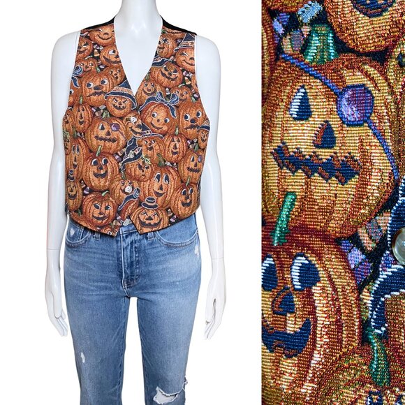 Vintage 90s Halloween Embroidered Pumpkin Vest Medium Cottagecore Retro Kitschy - Picture 1 of 8